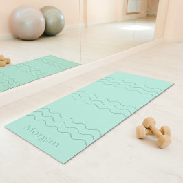 Mint Green Modern Wavy Lines With Custom Name Yogamatte