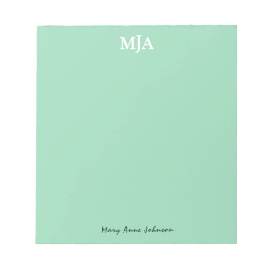 Mint Green Monogram 3-Buchstaben Initials Moderne Notizblock (Vorderseite)