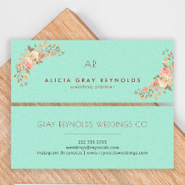 Mint Green Monogram Elegant Floral Wedding Planner Mini Visitenkarte