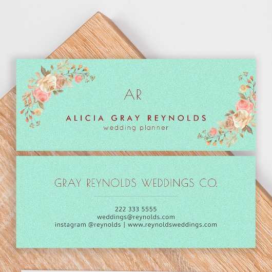 Mint Green Monogram Elegant Floral Wedding Planner Mini Visitenkarte