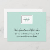 Mint Green Monogram Logo New Zuhause Moving Ankündigungspostkarte (Vorne/Hinten)