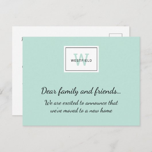 Mint Green Monogram Logo New Zuhause Moving Ankündigungspostkarte (Vorne/Hinten)