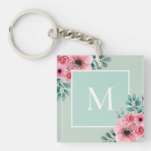 Mint Green | Monogramm-Schlüsselring für florales  Schlüsselanhänger (Vorderseite)
