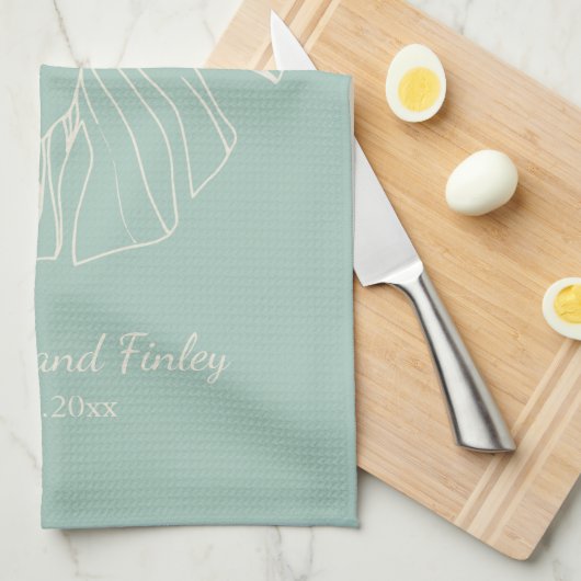 Mint Green Monstera Leaf Linie Zeichnend Personali Geschirrtuch (Viertel Falte)