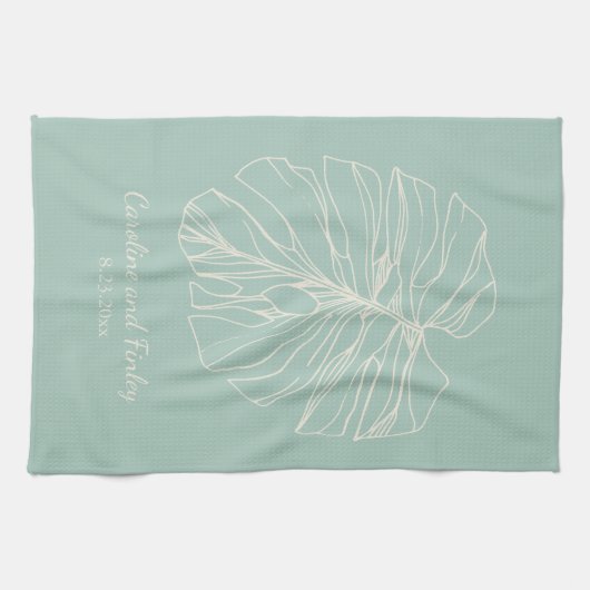 Mint Green Monstera Leaf Linie Zeichnend Personali Geschirrtuch (Horizontal)