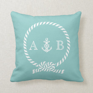 Mint Green Nautical Rope and Anchor Monogram Kissen