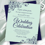 Mint Green & Navy Blue BUDGET Einladung zur Hochze<br><div class="desc">Diese preiswerten und freundlichen Einladungen für Hochzeiten sind die perfekte Wahl für Klasse, Stil und Schönheit zu einem günstigen Preis. Das Design ist in marineblau blühenden Spitzen-Frills in den Ecken auf einem hellen neo-mint grünen Hintergrund gehalten. Die Typografie beinhaltet extravagante Schriftzeichen für einen Stil, der gleichzeitig einfach und elegant ist....</div>