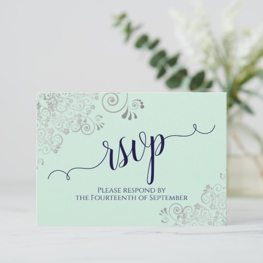 Mint Green & Navy Blue Elegant Calligraphy Wedding RSVP Karte (Stehend Vorderseite)