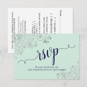 Mint Green & Navy Blue Elegant Calligraphy Wedding RSVP Karte