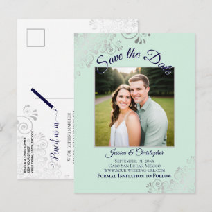 Mint Green & Navy Blue Wedding Save the Date Foto Ankündigungspostkarte