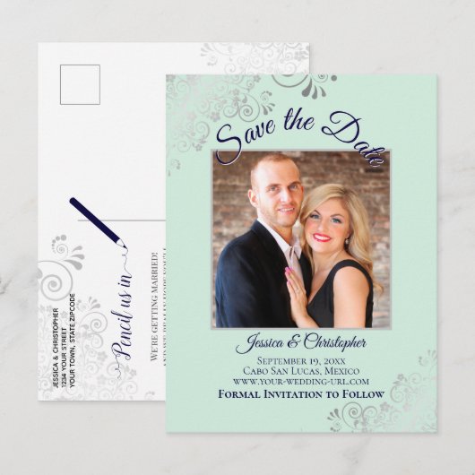 Mint Green & Navy Blue Wedding Save the Date Foto Ankündigungspostkarte (Vorne/Hinten)