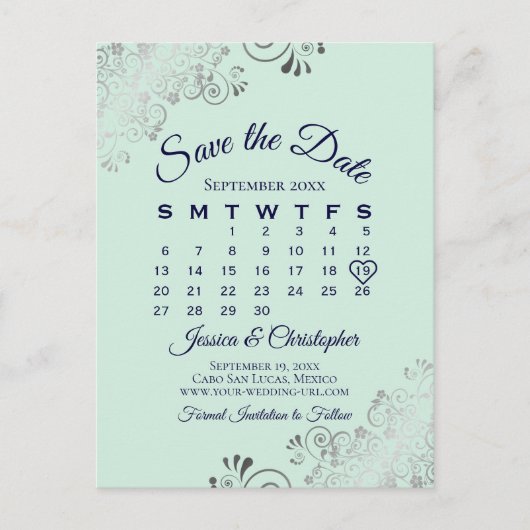 Mint Green & Navy Hochzeit Speichern Sie den Datum Ankündigungspostkarte (Vorderseite)