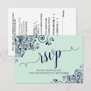 Mint Green & Navy Lace Elegante Kalligraphie Hochz RSVP Karte