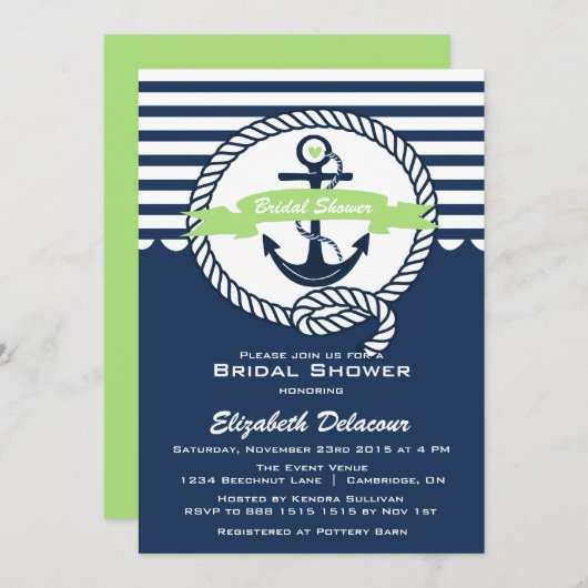 Mint Green Navy Nautical Bridal Dusche Einladung (Vorne/Hinten)