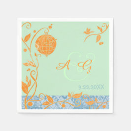 Mint Green & Orange Love Birds Wedding Serviette