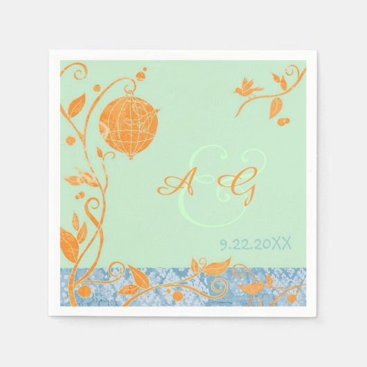 Mint Green & Orange Love Birds Wedding Serviette (Vorderseite)