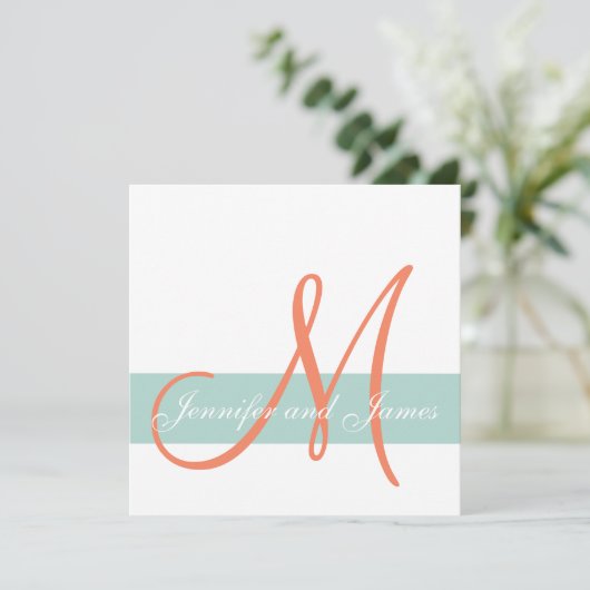 Mint Green Orange Monogram Names Simple Wedding Einladung (Stehend Vorderseite)