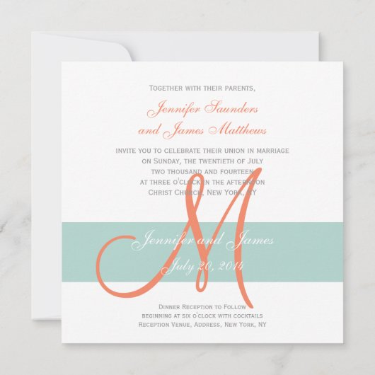 Mint Green Orange Monogram Names Simple Wedding Einladung (Rückseite)