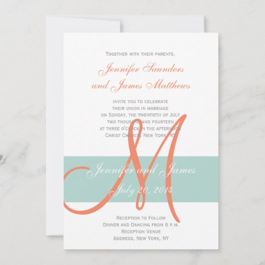 Mint Green Orange Monogram Names Simple Wedding Einladung (Rückseite)