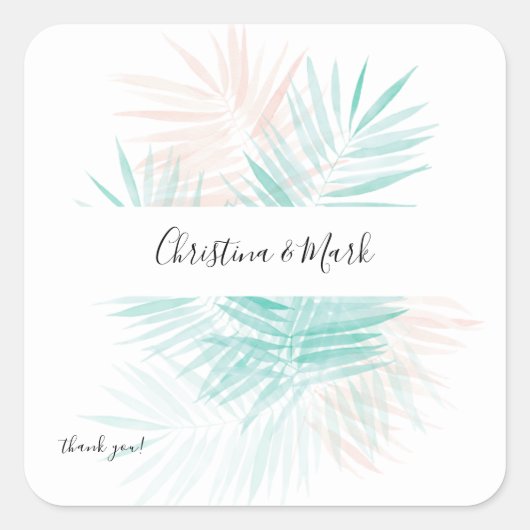 Mint Green Palm Leaf Vielen Dank Quadratischer Aufkleber (Vorderseite)