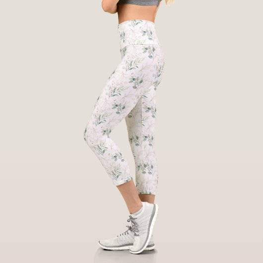 Mint Green Pastel Blumengrün Muster Capri Leggings (Links)