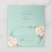 Mint Green Peach Floral Gold Geometric Wedding Platzkarte (Außenseite Aufgefaltet)