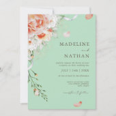 Mint Green & Peach Floral Wedding Einladung (Vorderseite)