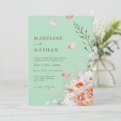 Mint Green & Peach Floral Wedding Einladung (Stehend Vorderseite)