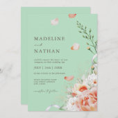 Mint Green & Peach Floral Wedding Einladung (Vorne/Hinten)