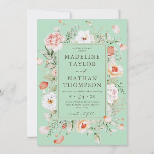 Mint Green & Peach Floral Wedding Einladung (Vorderseite)