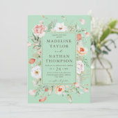 Mint Green & Peach Floral Wedding Einladung (Stehend Vorderseite)