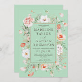 Mint Green & Peach Floral Wedding Einladung (Vorne/Hinten)