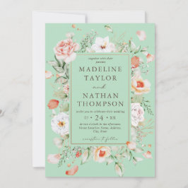Mint Green & Peach Floral Wedding Einladung