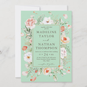Mint Green & Peach Floral Wedding Einladung