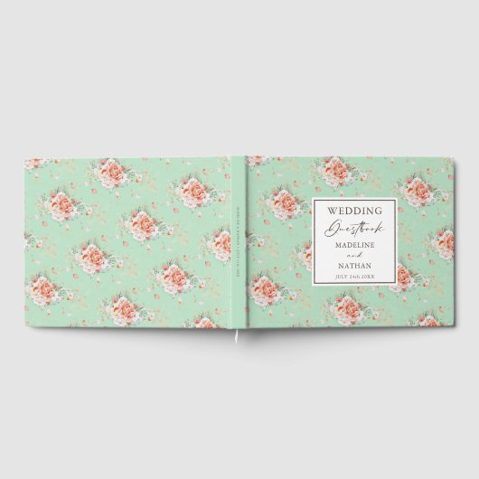 Mint Green & Peach Floral Wedding Gästebuch (Voll)