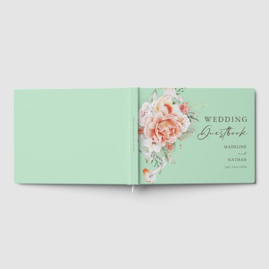 Mint Green & Peach Floral Wedding Gästebuch (Voll)