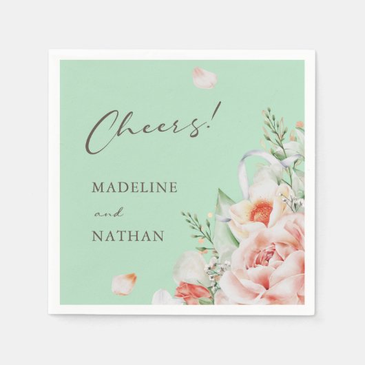 Mint Green & Peach Floral Wedding Napkins Serviette (Vorderseite)