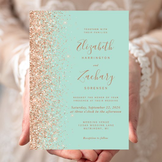 Mint Green Peach Glitter Wedding Einladung