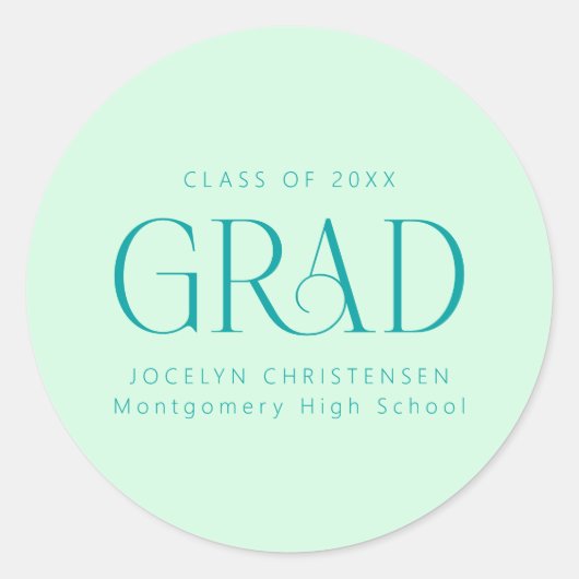 Mint Green Personalisiert Modern Grad Graduate Runder Aufkleber (Vorderseite)
