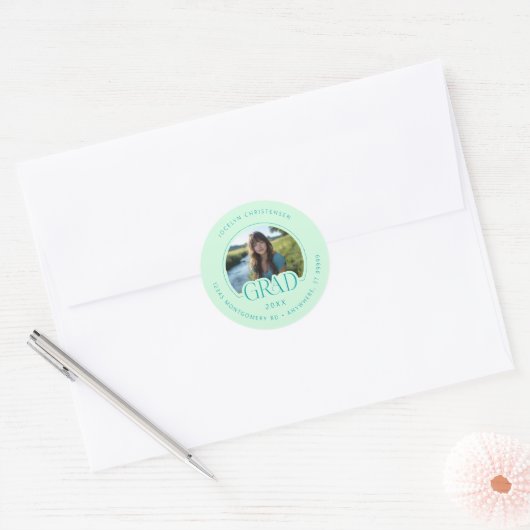 Mint Green Photo Address Graduate Envelope Seal Runder Aufkleber (Umschlag)
