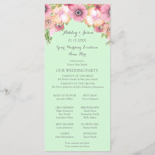 Mint Green Pink Floral Wedding Programm (Rückseite)