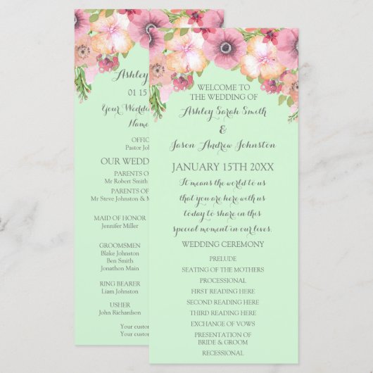 Mint Green Pink Floral Wedding Programm (Vorne/Hinten)