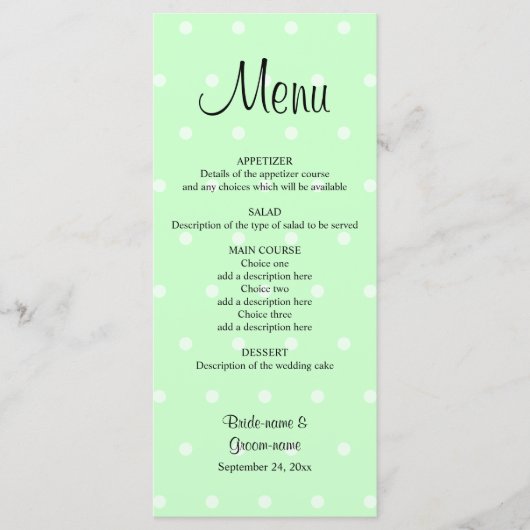 Mint Green Polka Dot Muster. Hochzeitsmenü Menükarte (Vorderseite)