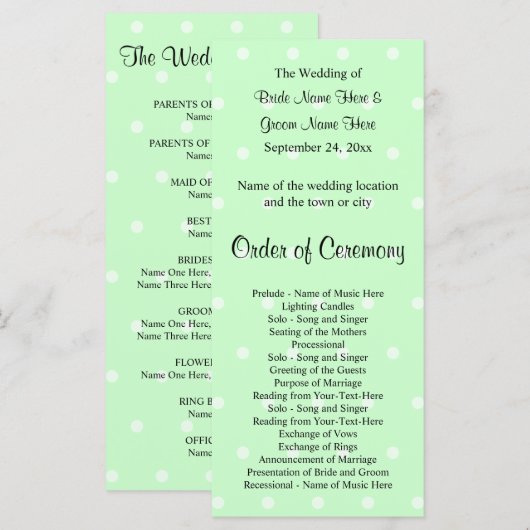 Mint Green Polka Dot Muster. Hochzeitsprogramm Programm (Vorne/Hinten)