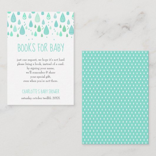 Mint Green Raindrops Book Request Baby Shower Begleitkarte (Vorne/Hinten)