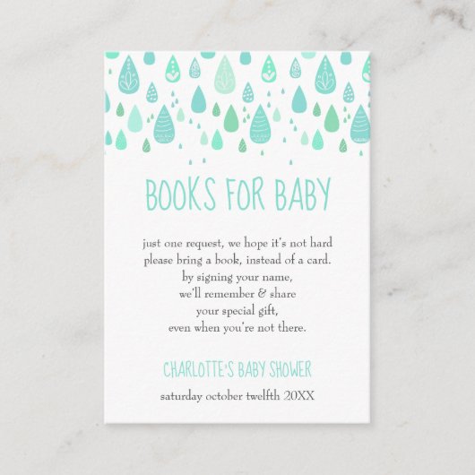 Mint Green Raindrops Book Request Baby Shower Begleitkarte (Vorderseite)