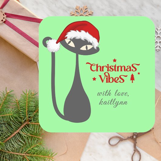 Mint Green Retro AtomBlack Cat Weihnachten Quadratischer Aufkleber