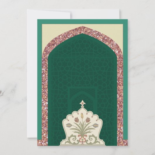 Mint Green Rose Gold Glitzer Mihrab Moslem Hochzei Einladung (Rückseite)