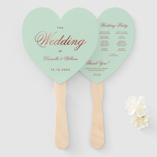 Mint Green Rose Gold Wedding Program Heart Fächer (Vorne und Hinten)