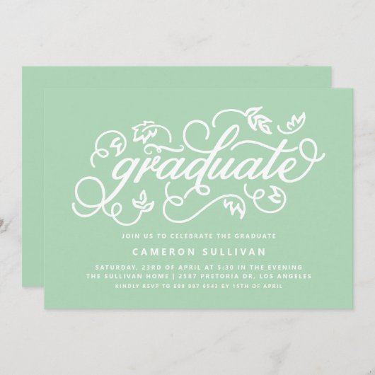 Mint Green Rustic Calligraphy Graduation Party Einladung (Vorne/Hinten)